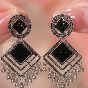 Silver-Tone Black Geometric Dangle Jhumka Earrings