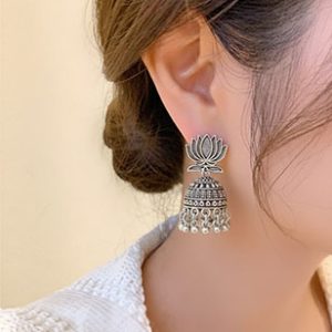 Silver Oxidized Lotus Jhumka Earrings