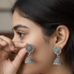 Silver Oxidized Floral Jhumka Earrings for Women