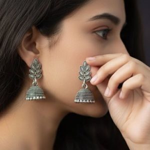 Silver Tone Leaf Stud Jhumka Earrings