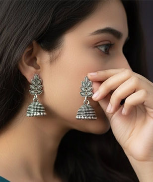 Silver Tone Leaf Stud Jhumka Earrings