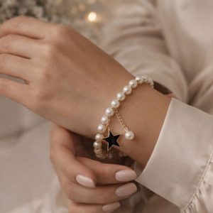 Pearl beaded Bracelet with Cute Golden Black Star Charm